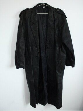Vintage Leather Trench Coat Womens M Black Long Belted Minimalist Gothic